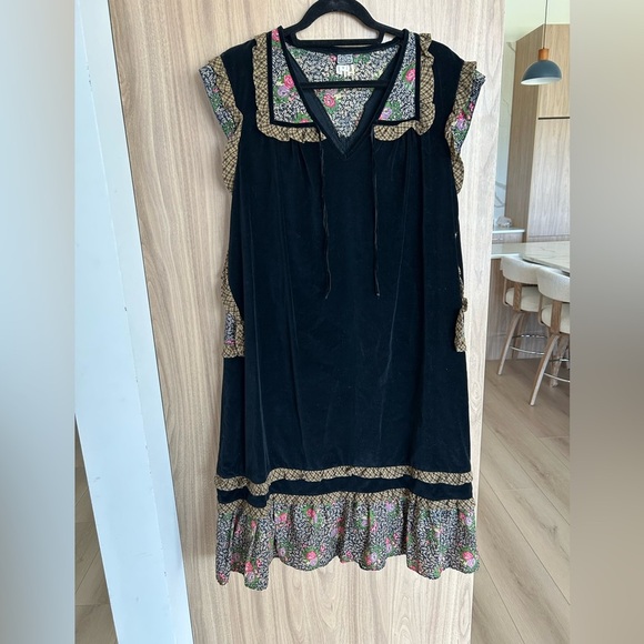 Vintage Dresses & Skirts - Antique Black Velvet Dress Floral Trim Ruffles Sleeves Neckline Pockets vintage